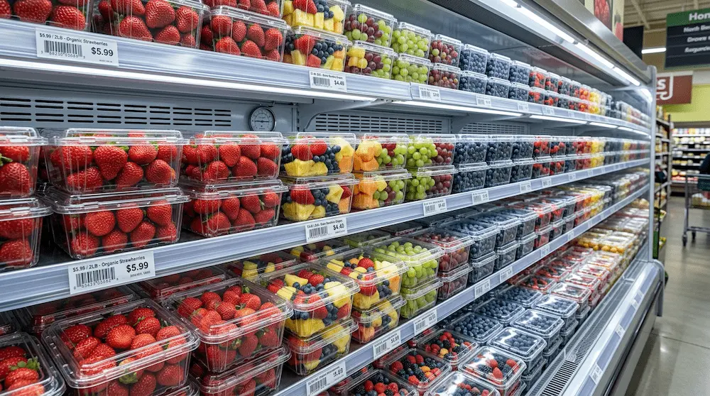 2LB vented berry clamshell containers for strawberries, blueberries, grapes, and mixed fruit in a North American supermarket aisle