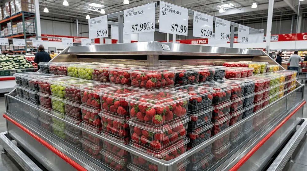 2LB vented berry clamshell containers for strawberries, grapes, blueberries, and bulk produce display in a wholesale club