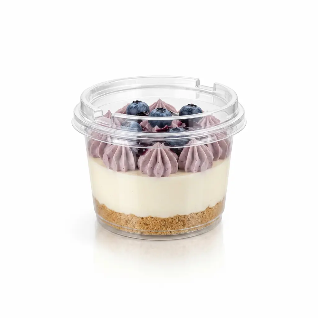 3-54x2-95-clear-dessert-container-blueberry-cheesecake 3.54 x 2.95 inch clear dessert container with PET/RPET anti-fog lid, packed with blueberry cheesecake for refrigerated dessert display.