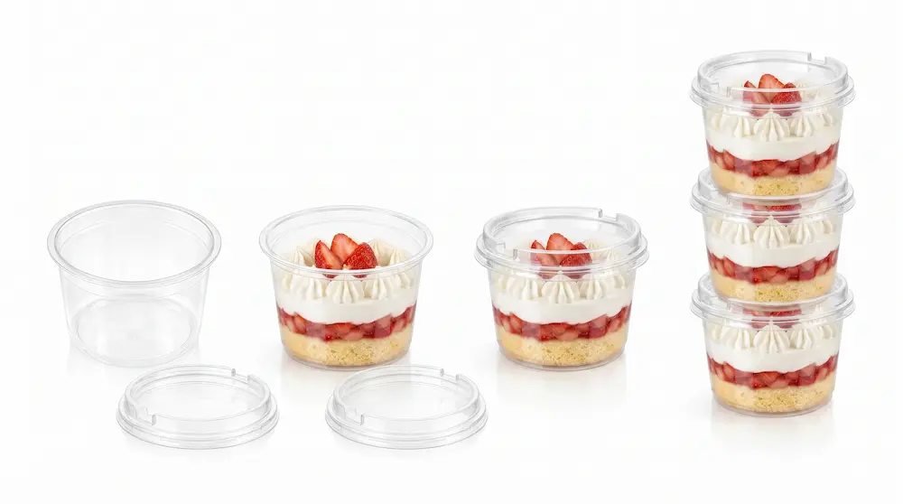 3.54 x 2.95 inch clear dessert container with PET/RPET anti-fog lid showing empty cup, lid, filled dessert cup, sealed cup, and stacked packaging.