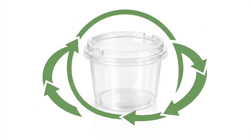 3.54 x 2.95 inch clear dessert container with PET/RPET anti-fog lid shown with green recycling arrows for recyclable dessert packaging.