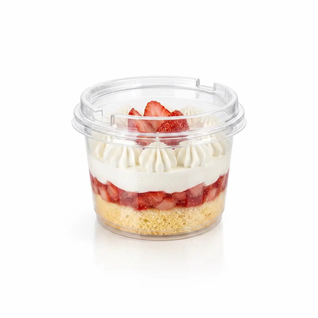 3.54 x 2.95 inch clear dessert container with PET/RPET anti-fog lid, filled with strawberry cream cake for bakery and chilled dessert display.