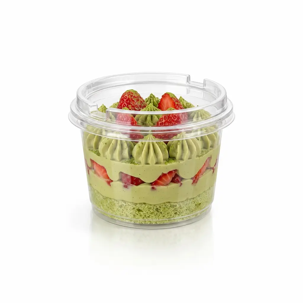 3-54x2-95-clear-dessert-container-strawberry-matcha-cake 3.54 x 2.95 inch clear dessert container with PET/RPET anti-fog lid, filled with strawberry matcha cake for chilled dessert retail.
