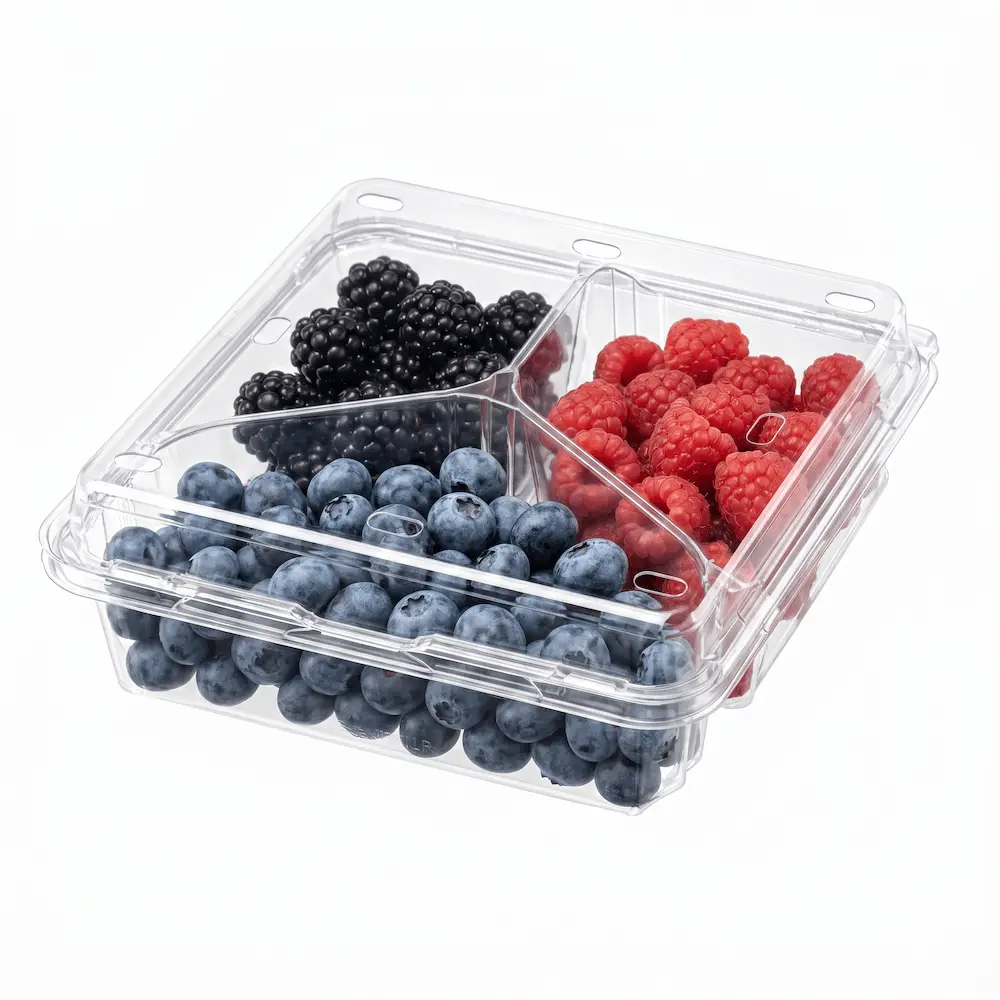3-compartment-pet-clamshell-container-blueberry-blackberry-raspberry 3 Compartment PET Clamshell Container with blueberries, blackberries, and raspberries