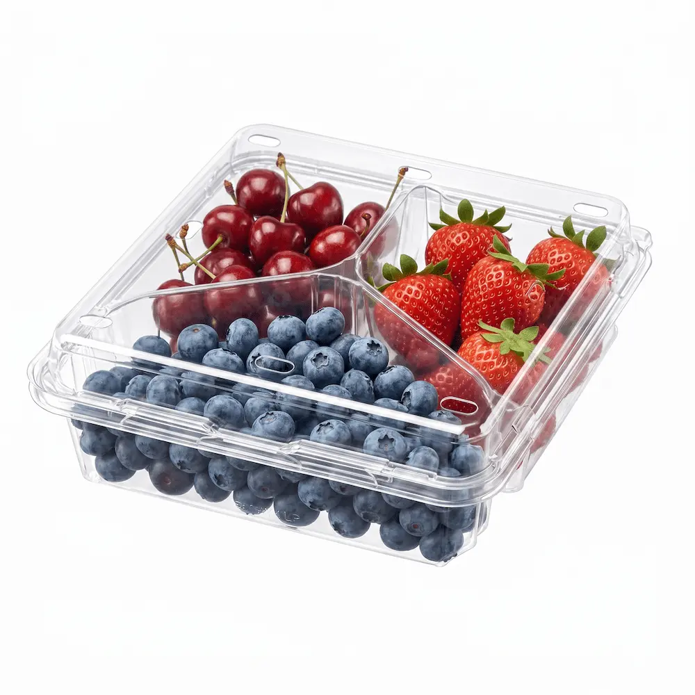 3-compartment-pet-clamshell-container-cherry-blueberry-strawberry 3 Compartment PET Clamshell Container with cherries, blueberries, and strawberries