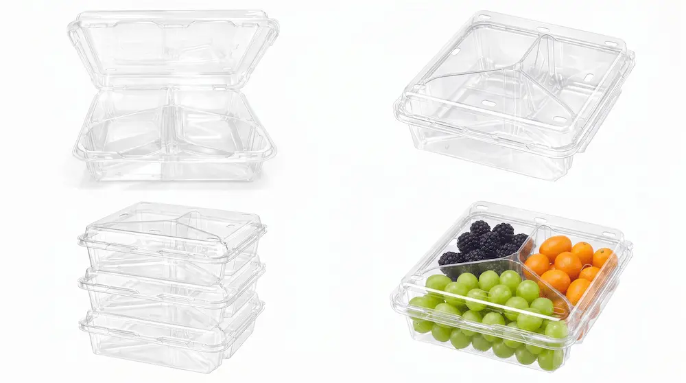 Feature overview of a 3 Compartment PET Clamshell Container showing open, empty, stacked, and filled views