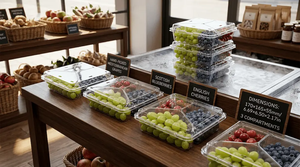 3 compartment PET clamshell container for grapes, blueberries, and cherries in a fresh fruit boutique display
