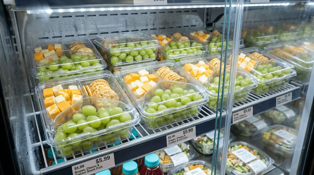 3 compartment PET clamshell container for grapes, cheese cubes, and crackers in a convenience store snack display