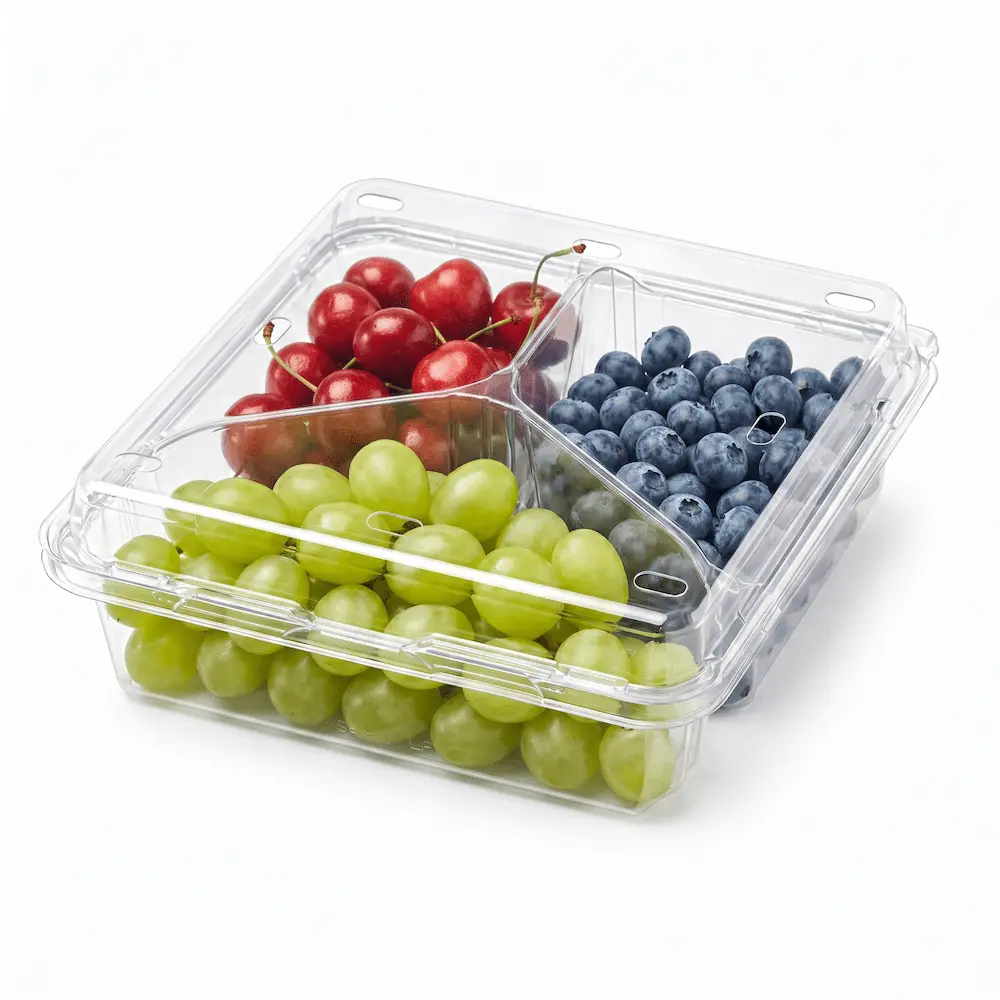 3 Compartment PET Clamshell Container with green grapes, blueberries, and cherries