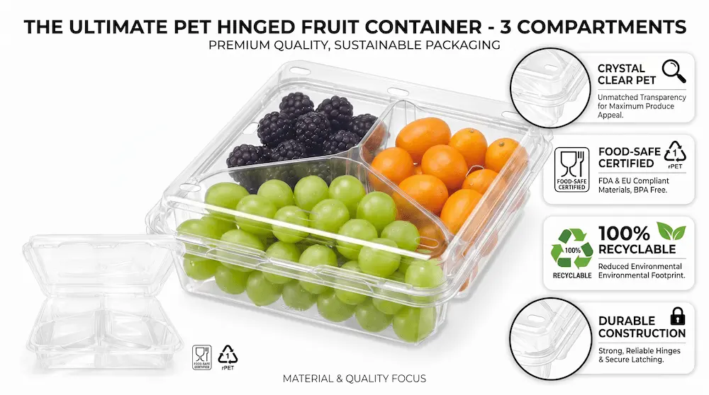 Material and quality infographic for a 3 Compartment PET Clamshell Container