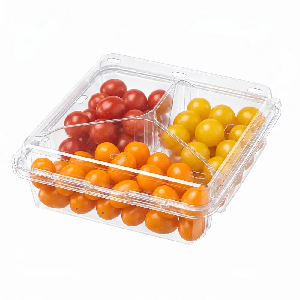 3-compartment-pet-clamshell-container-mixed-tomatoes 3 Compartment PET Clamshell Container with red, yellow, and orange cherry tomatoes