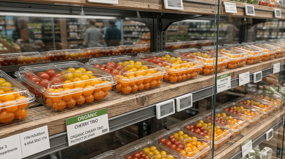3 compartment PET clamshell container for organic cherry tomatoes in a refrigerated grocery shelf