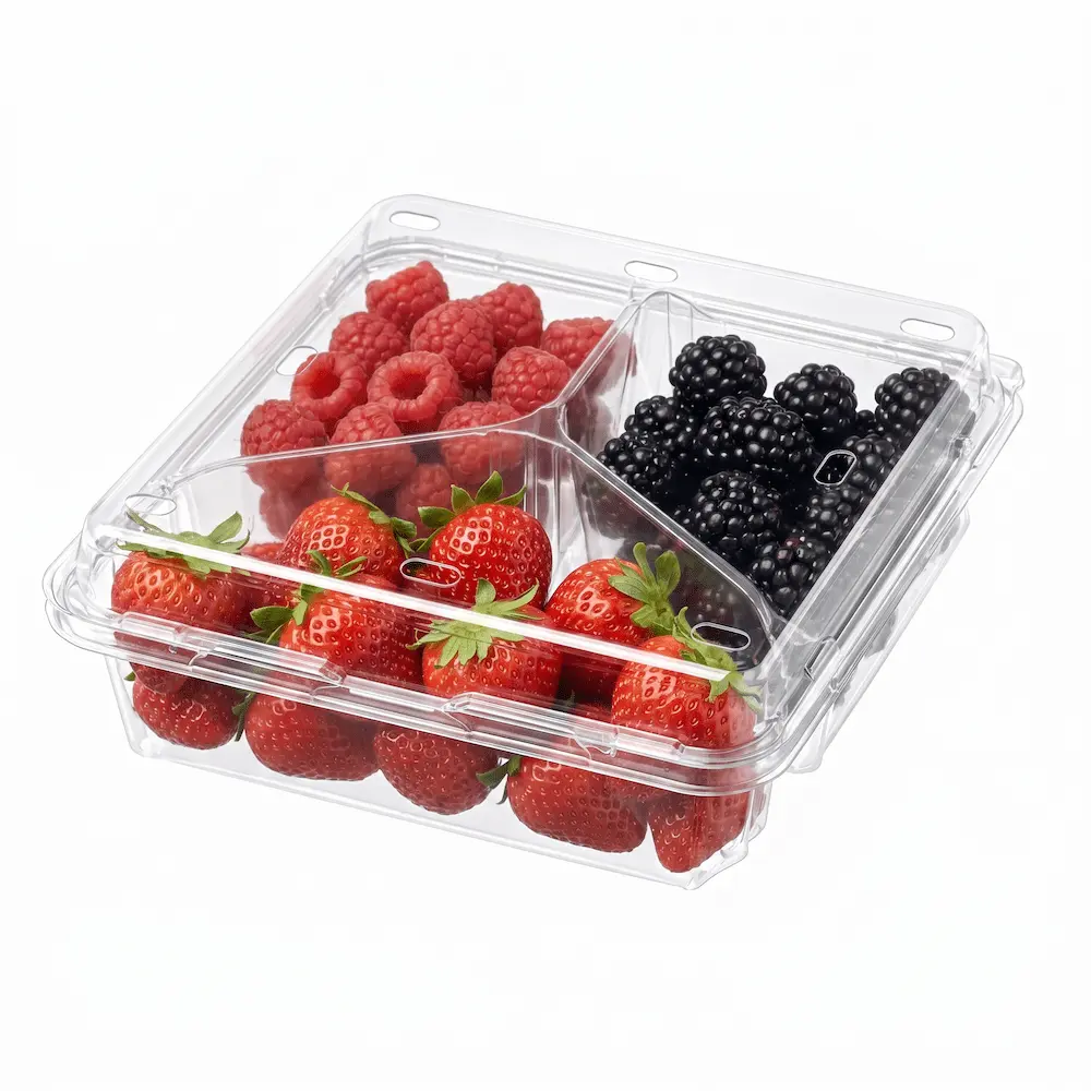 3-compartment-pet-clamshell-container-strawberry-raspberry-blackberry 3 Compartment PET Clamshell Container with strawberries, raspberries, and blackberries