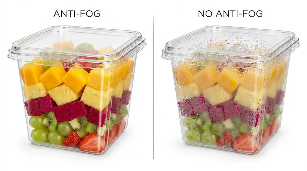 32OZ 950ml clear square RPET tamper-evident container anti-fog comparison for fresh fruit packaging