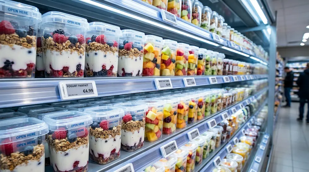 32OZ 950ml clear square RPET tamper-evident container for chilled convenience store yogurt parfait and fruit snacks