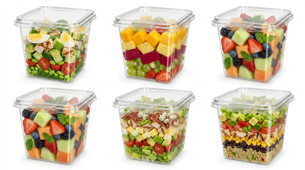 32OZ 950ml clear square RPET tamper-evident container application set for fruit salad snack and deli meals