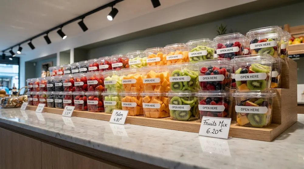 32OZ 950ml clear square RPET tamper-evident container for fresh-cut fruit boutique display