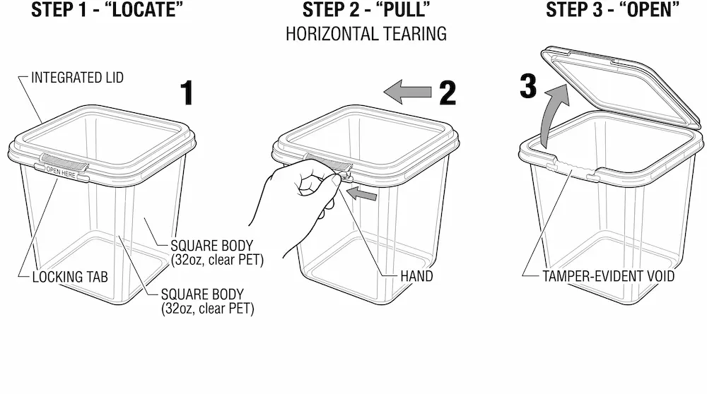 32OZ 950ml clear square RPET tamper-evident container opening steps with locate pull and open instructions