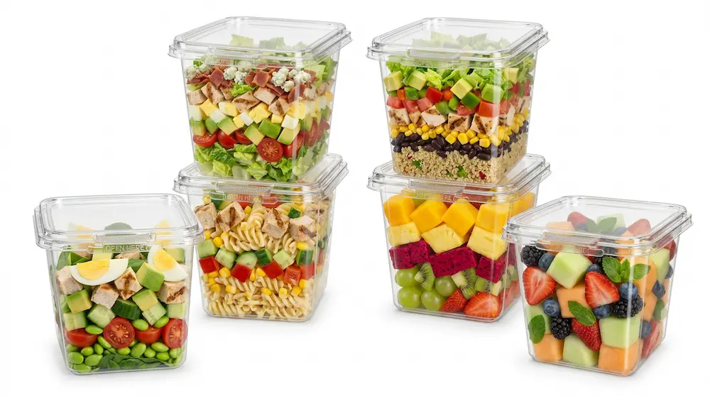 32OZ 950ml clear square RPET tamper-evident containers stacked with fruit salad pasta and quinoa meal applications
