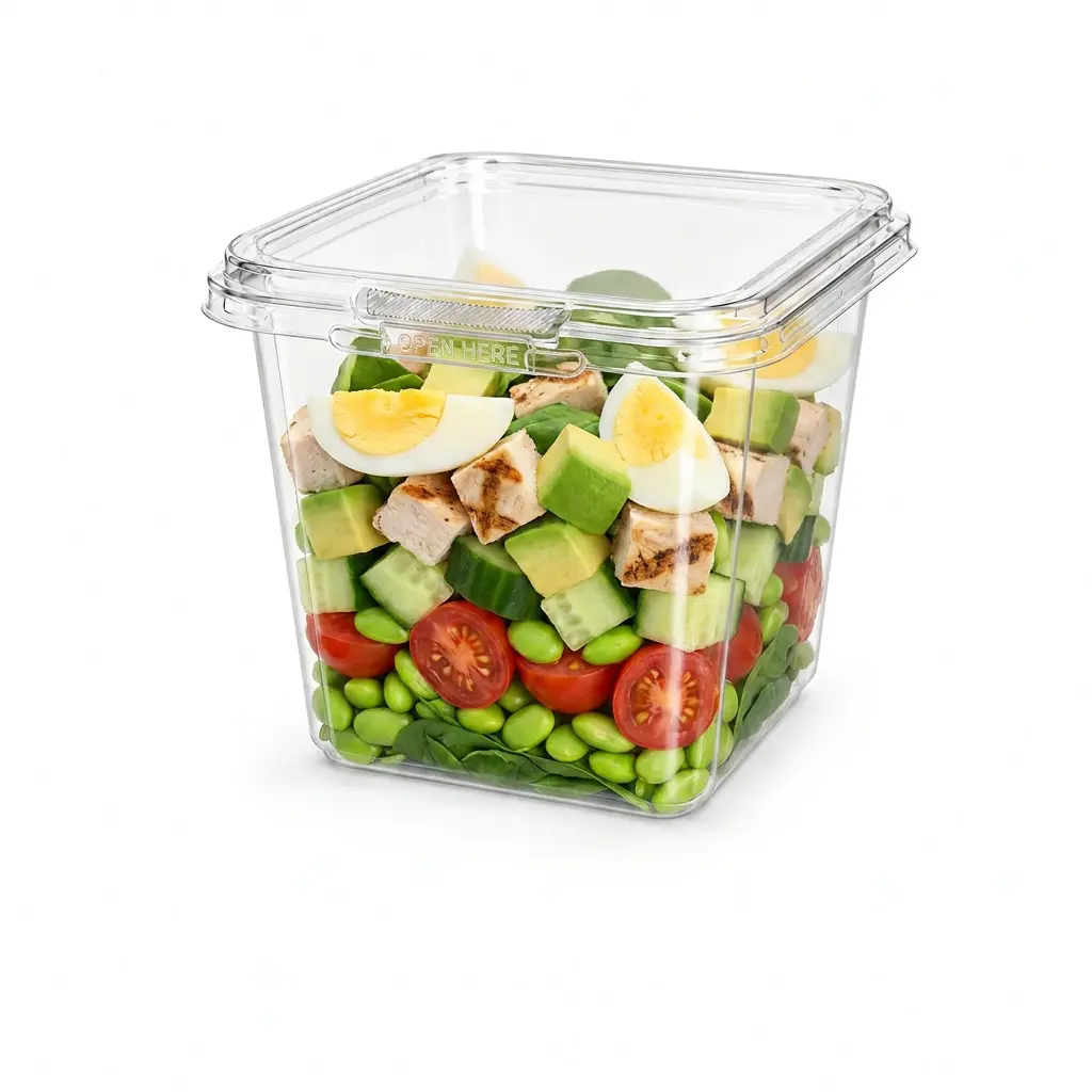 32OZ 950ml clear square RPET tamper-evident high protein snack salad container