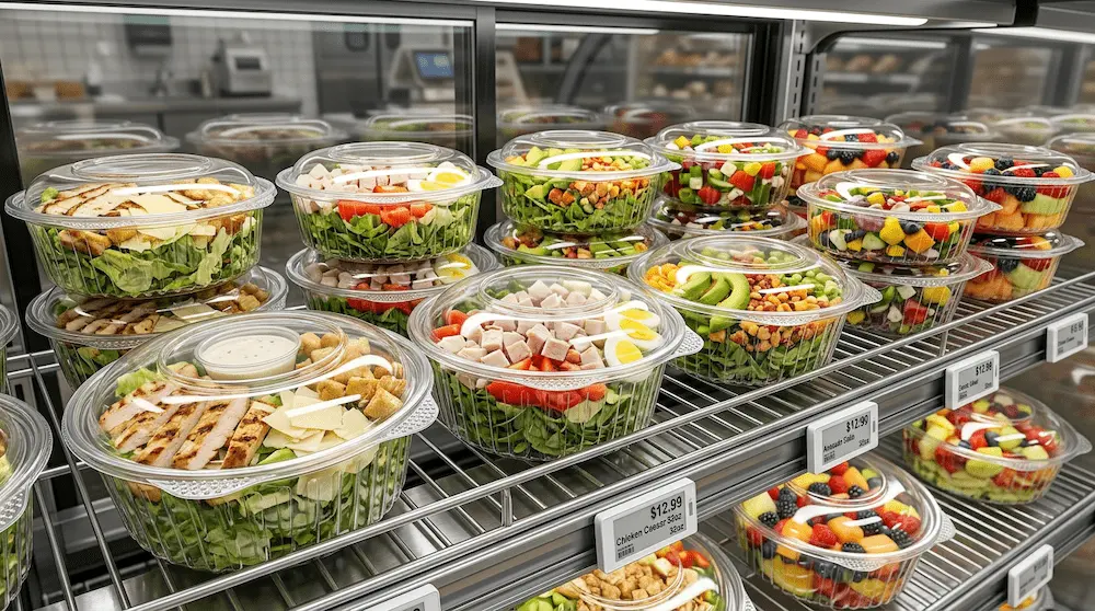 32oz clear PET hinged salad bowls for chilled grab-and-go salad display