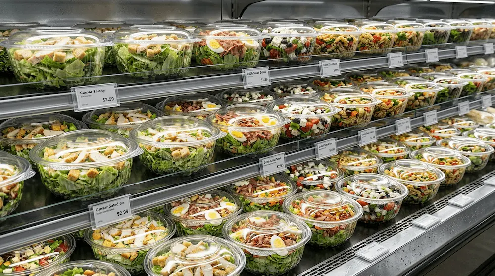 32oz clear PET hinged salad bowls for premium grocery full shelf display