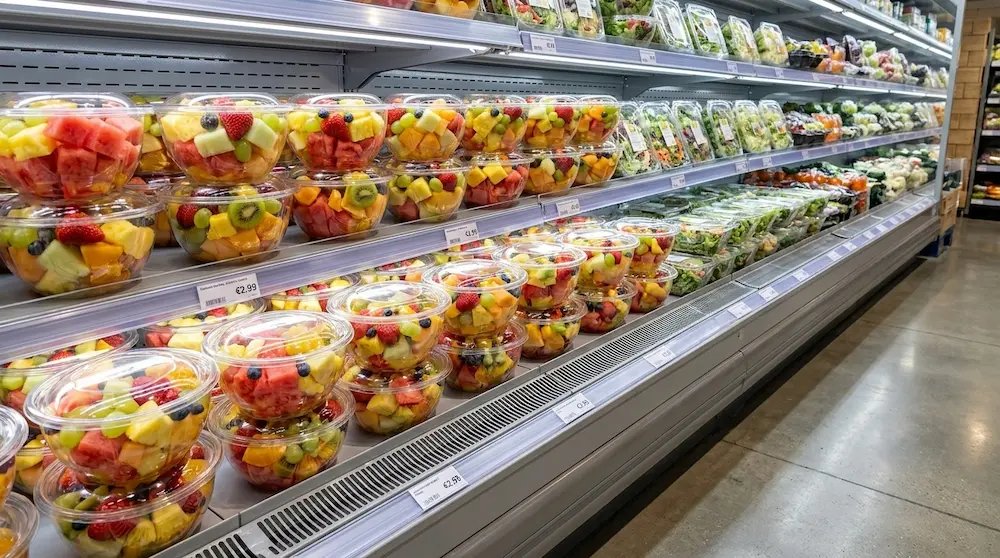 32 oz clear PET salad bowls and fruit bowls displayed in a supermarket chilled fresh food aisle