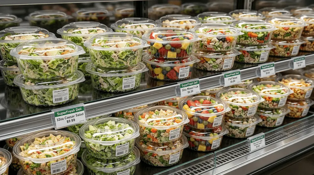 32oz clear PET salad bowls with hinged lids in American deli refrigerator display