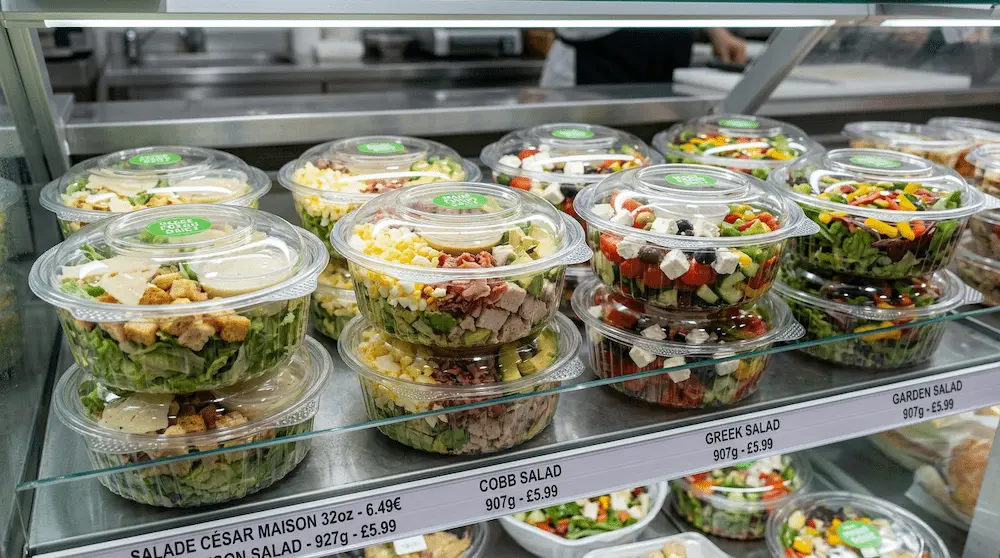 32oz clear PET salad bowls with hinged lids in multi-row supermarket display