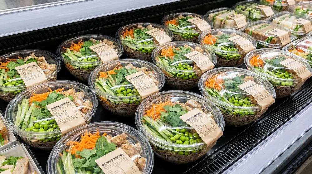 32 oz clear PET salad bowls for chilled noodle salad, vegetables, edamame, carrots, cucumber, and ready-to-eat meal display