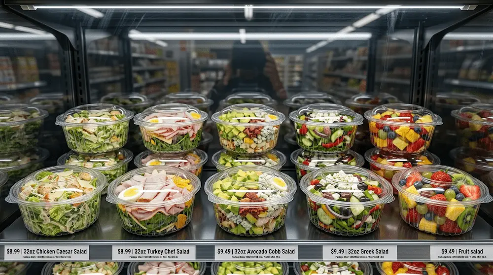 32oz clear PET salad bowls with hinged lids for supermarket deli case display