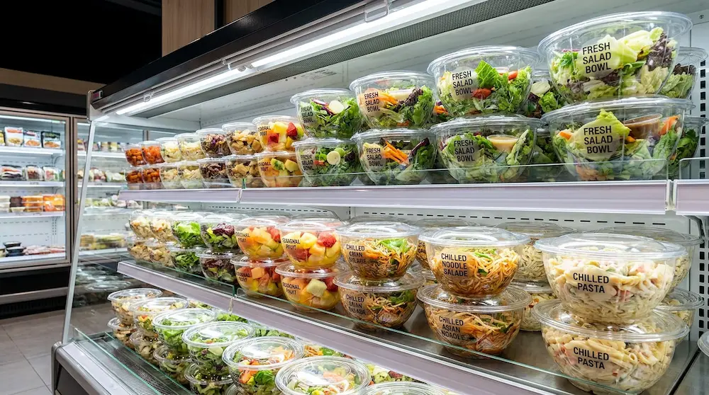 32 oz clear PET salad bowls on a premium supermarket shelf for fresh salad, chilled noodle salad, pasta salad, and fruit bowls