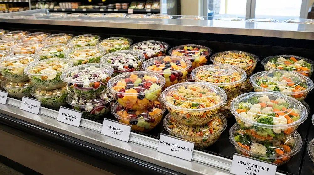 32 oz clear PET salad bowls for Greek salad, Caesar salad, fresh fruit, pasta salad, and deli vegetable salad display