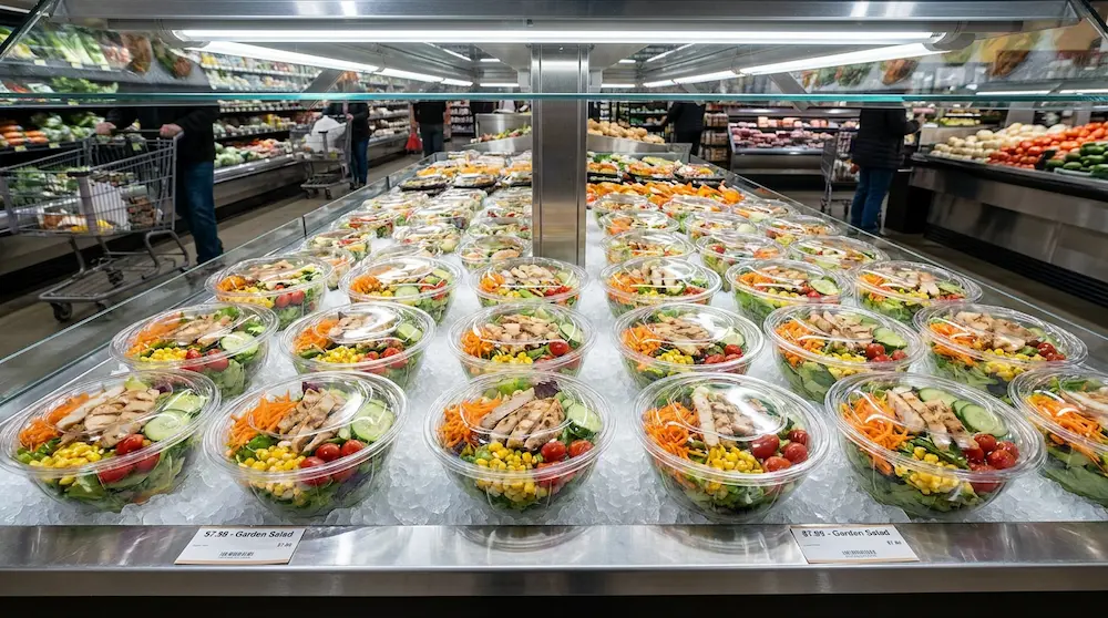 32 oz clear PET salad bowls displayed on ice in an upscale supermarket ready-to-eat salad section