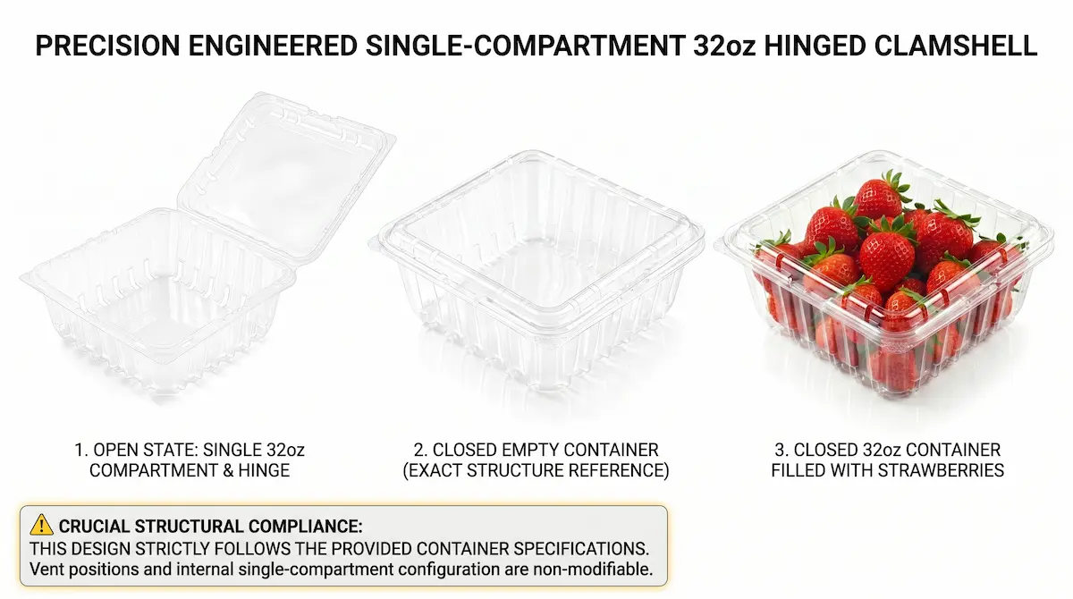 32OZ Flip-Top Agricultural Container design reference with open, empty, and strawberry-filled views