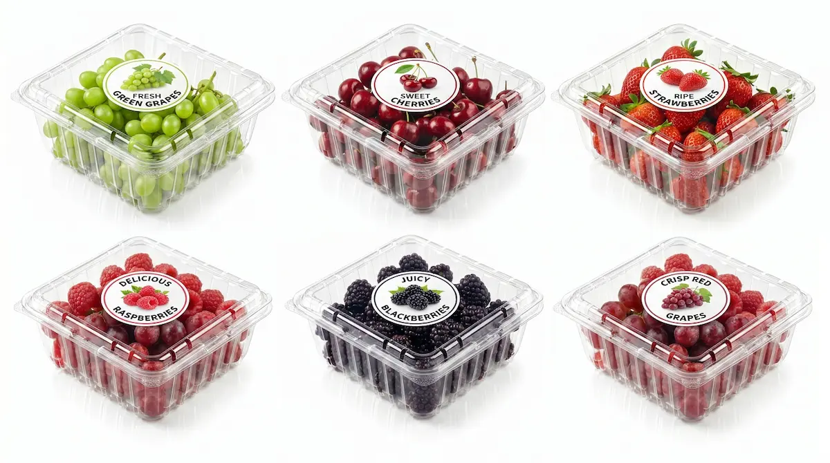 32OZ Flip-Top Agricultural Containers with fruit labels for grapes, cherries, strawberries, raspberries, blackberries, and red grapes