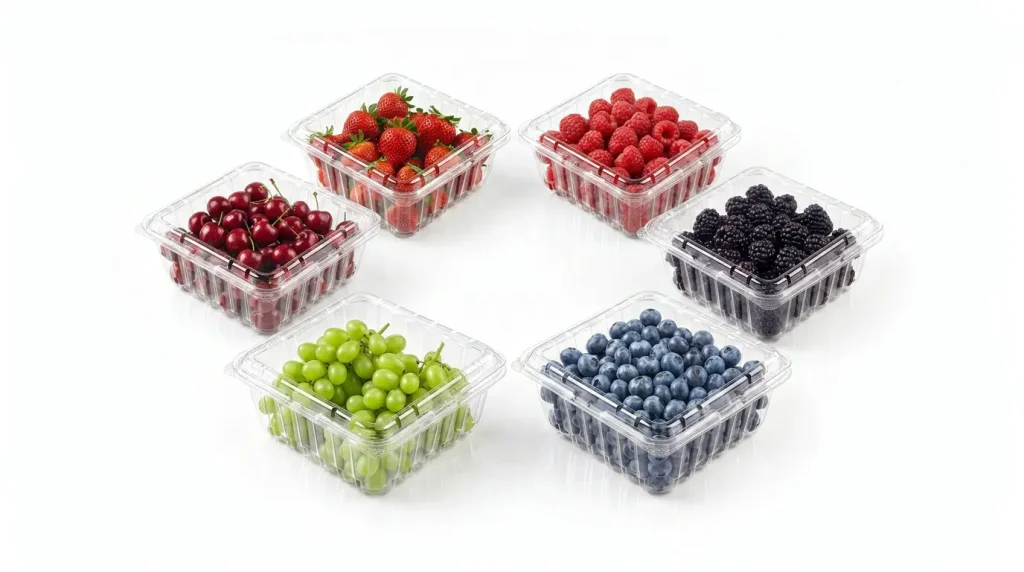 2OZ Flip-Top Agricultural Containers arranged with berries, cherries, and grapes for produce packaging display