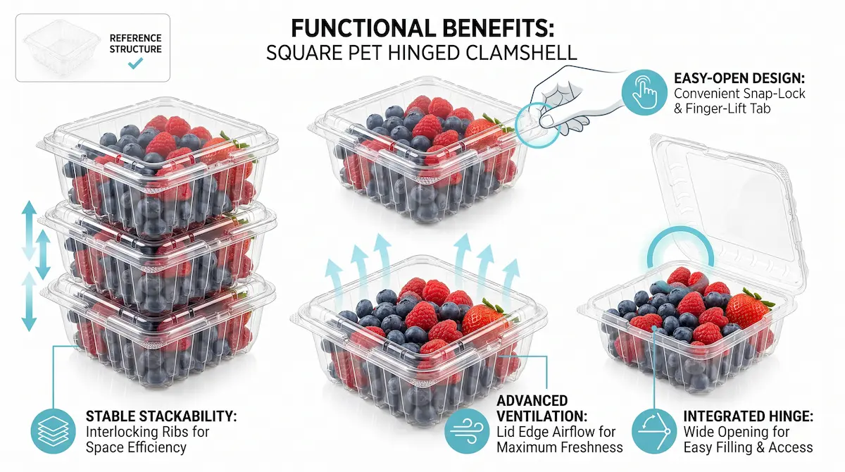 32OZ Flip-Top Agricultural Container functional benefits including stackability, ventilation, easy-open tab, and integrated hinge