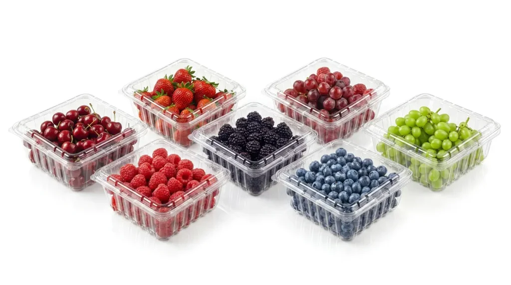32OZ Flip-Top Agricultural Containers displayed with cherries, strawberries, grapes, raspberries, blackberries, and blueberries