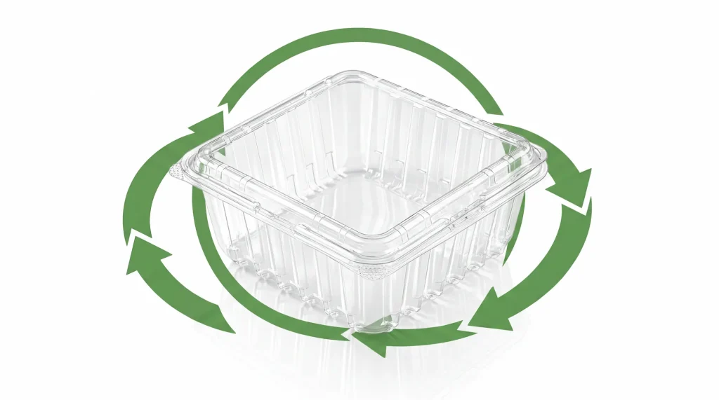 32OZ Flip-Top Agricultural Container with green recycling arrows for recyclable PET packaging concept