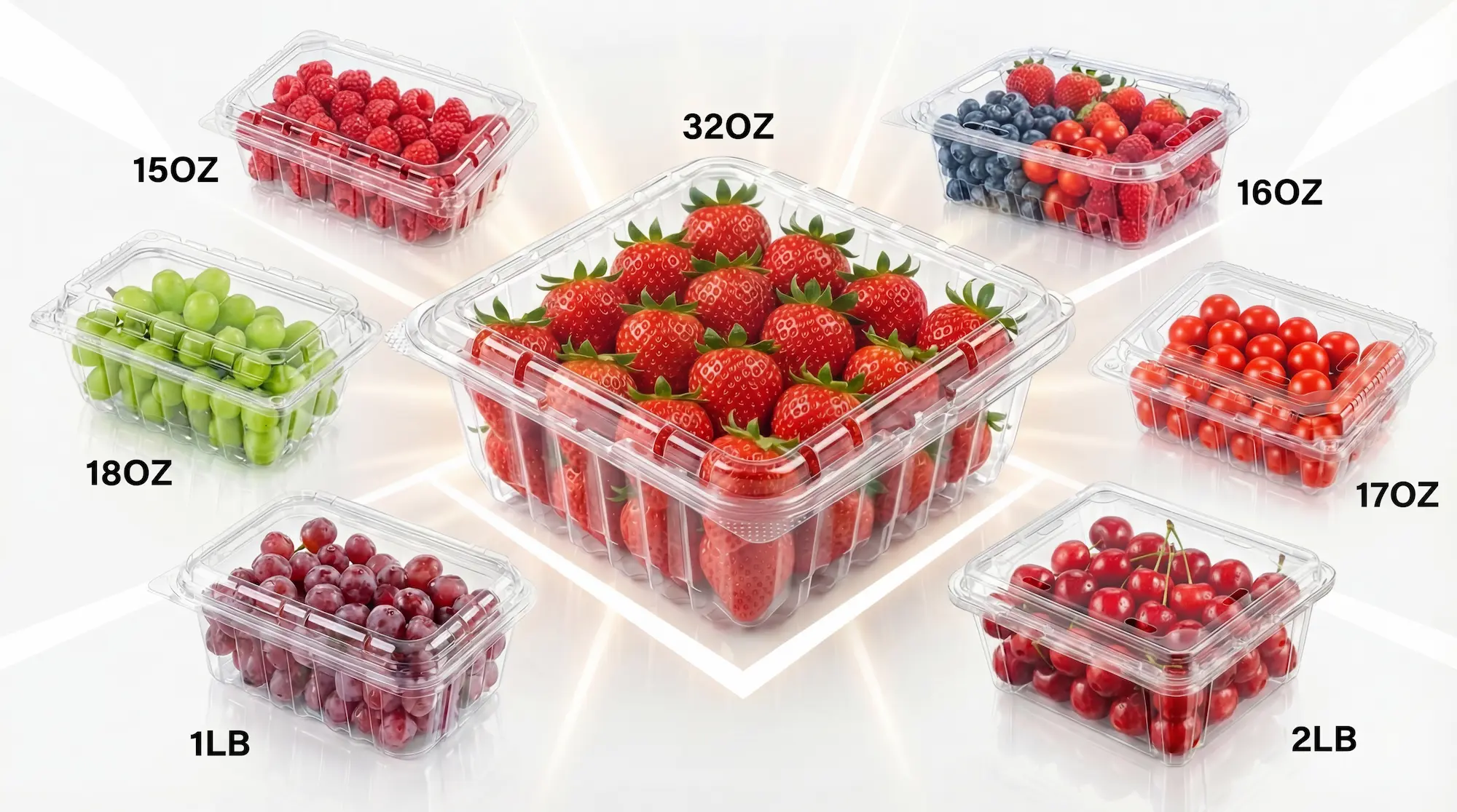 32OZ Flip-Top Agricultural Container shown with 15oz, 16oz, 17oz, 18oz, 1lb, and 2lb produce packaging options