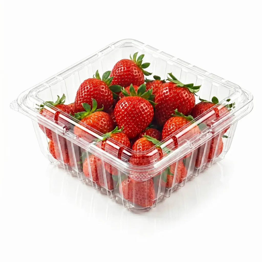 32OZ Flip-Top Agricultural Container filled with fresh strawberries in clear PET clamshell packaging