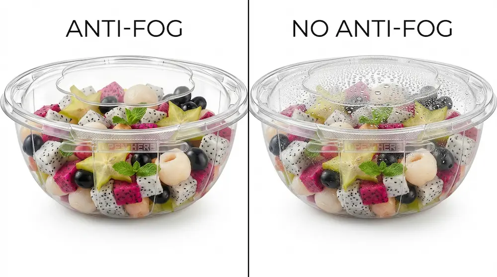 32 oz PET bowl anti-fog dome lid comparison for fresh fruit packaging
