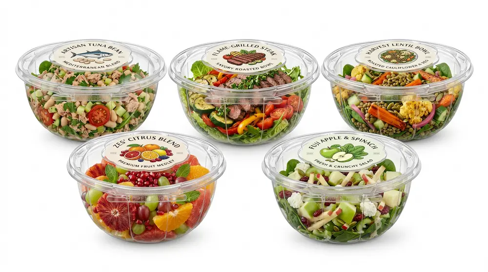 32 oz PET salad bowls with branded lid labels for deli and retail food packaging