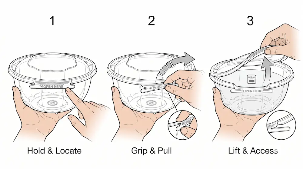 32 oz tamper evident PET bowl opening instruction with open here tear tab