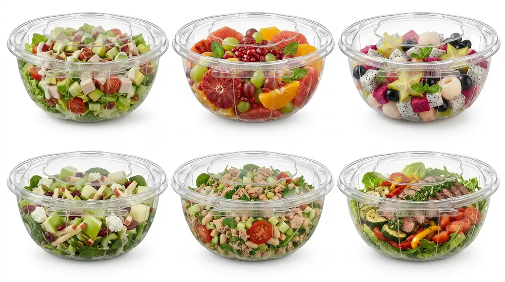 32 oz tamper evident PET bowl application set for salads and fruit bowls