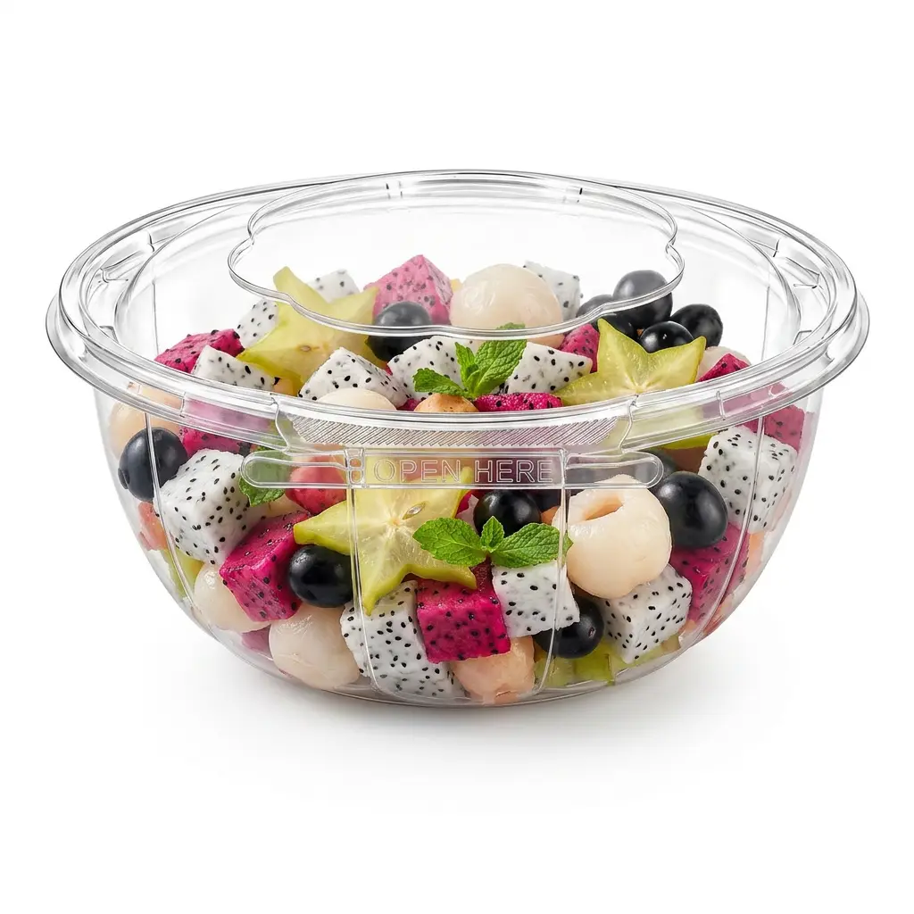 32 oz tamper evident PET bowl with anti-fog dome lid for tropical fruit salad