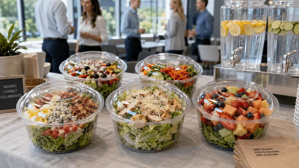 39oz clear PET hinged salad bowls for corporate catering and event food service