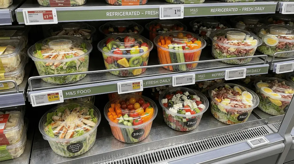 39oz clear PET salad bowl with hinged lid for refrigerated supermarket fresh food display