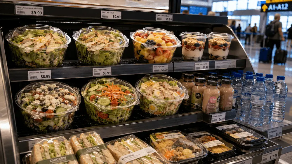 39oz clear PET salad bowls with hinged lids for airport grab-and-go meal display